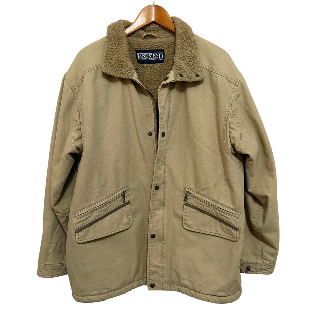 Lands End Men Field Jacket XL Tan Sherpa Lined Canvas Workwear Barn Coat Rugged